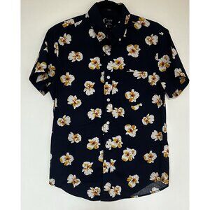 J Crew Navy Floral Short Sleeve Button Up Shirt Mens Flex Washed Slim Fit Size S